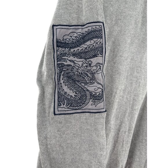 Shanghai Tang Men's Grey Knit Zip Sweater XL Cotton Dragon Patches - Picture 4 of 8